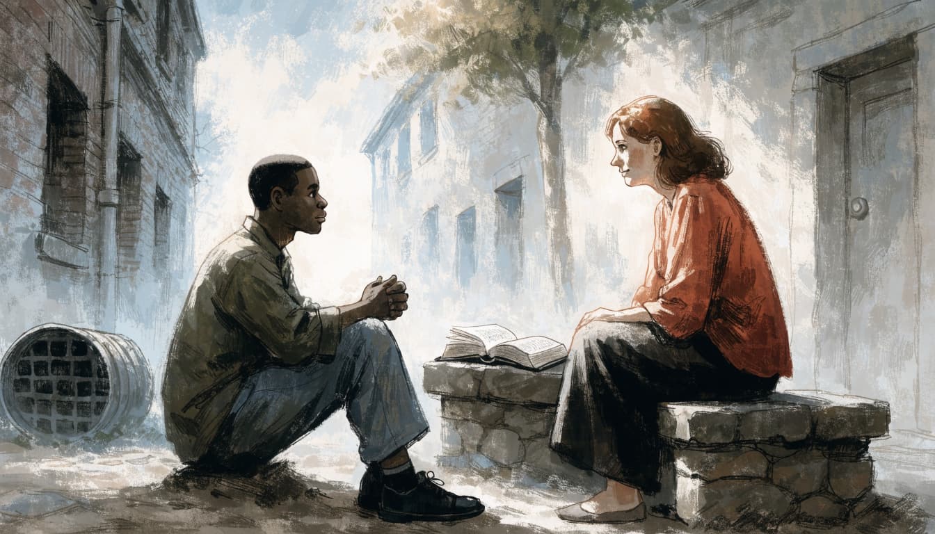An illustration of two people talking outdoors with an open Bible on a bench between them.