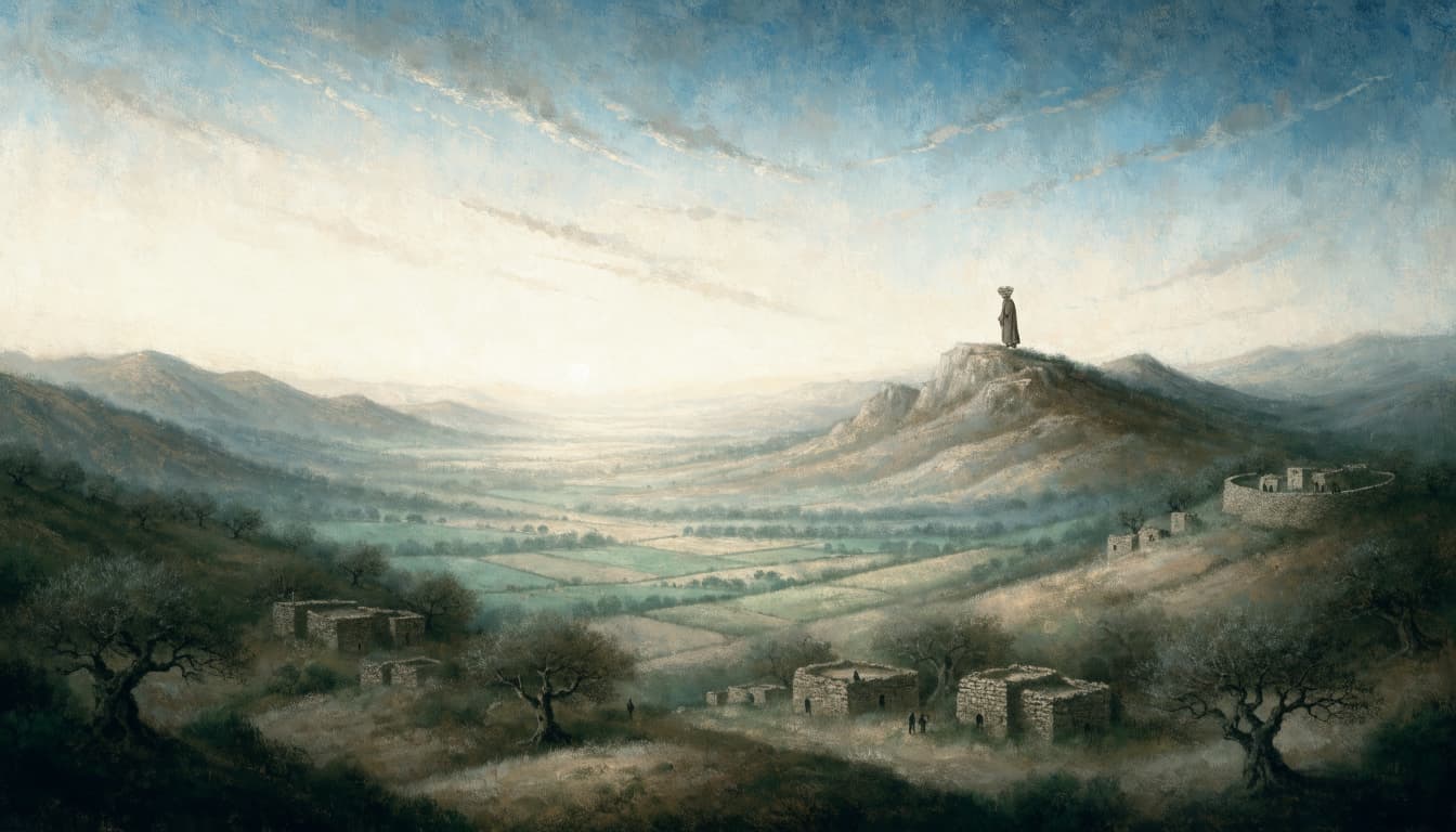 A painterly landscape of a figure on a hill overlooking a valley and community at dawn.