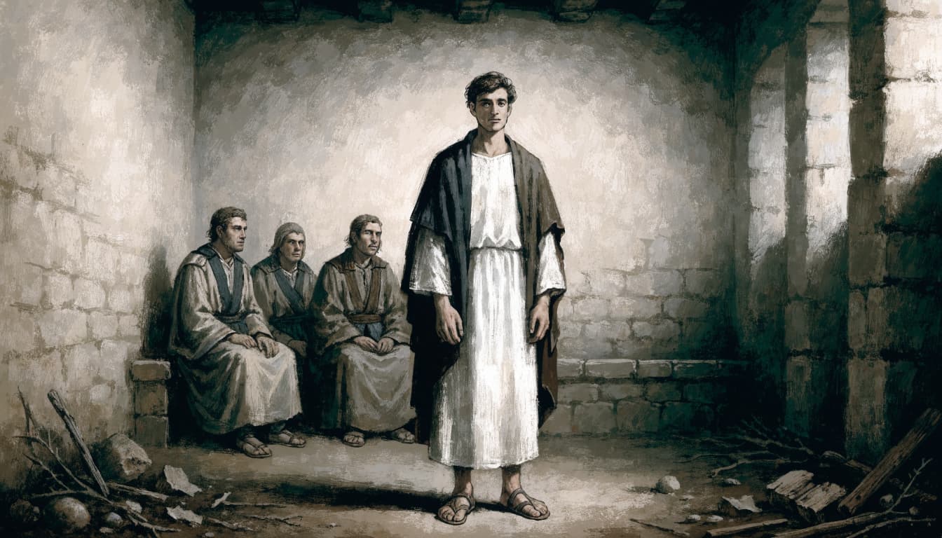 A man in a white robe stands before three seated officials in a stone room.