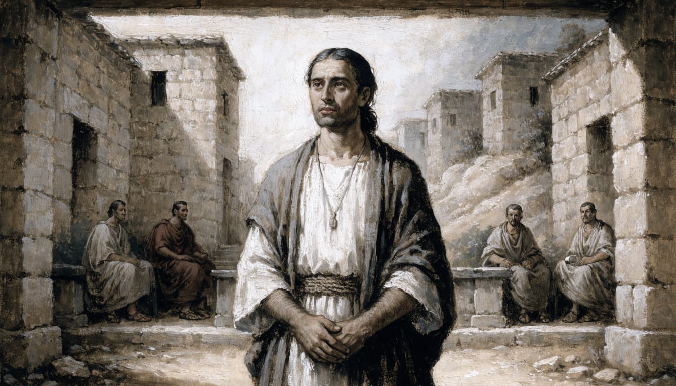 A historical painting of a man standing calmly before seated officials in a stone courtyard.
