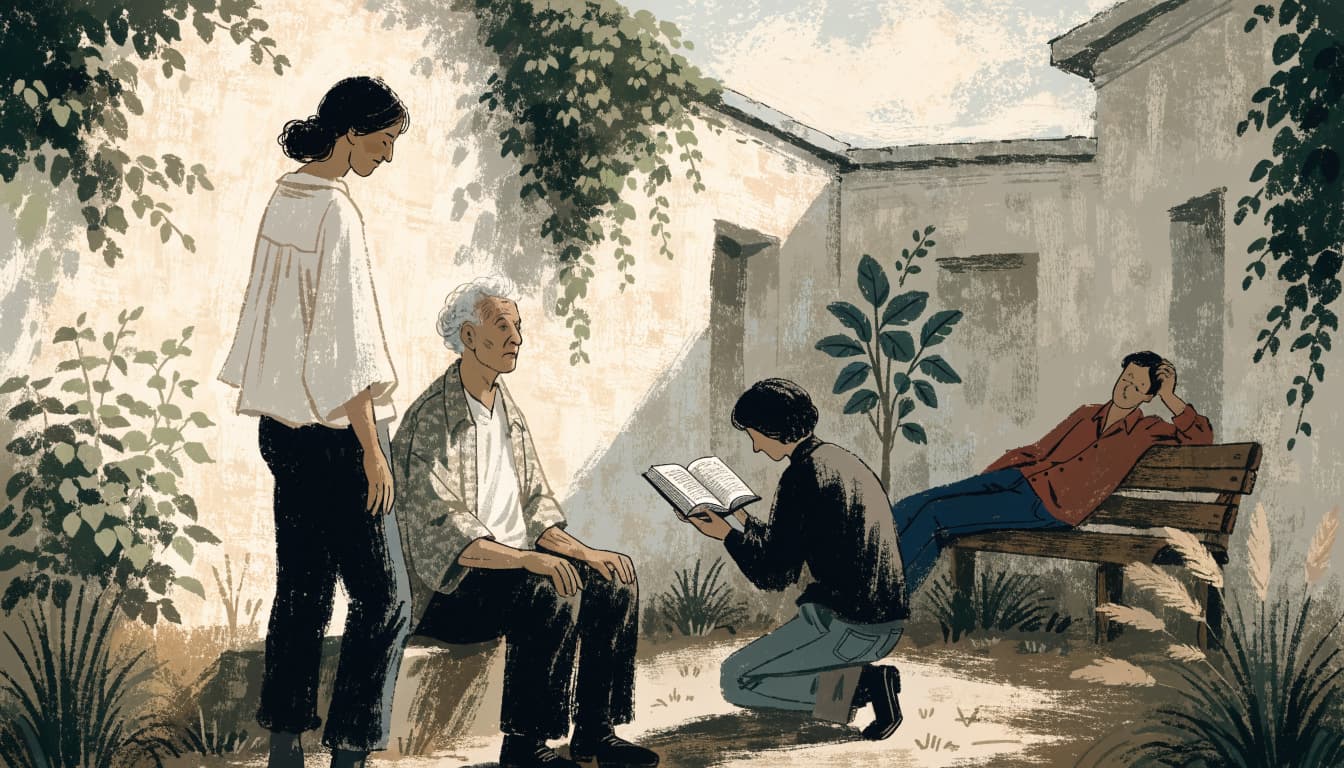 An editorial illustration of four people in a courtyard, with one person reading a book while others look on.