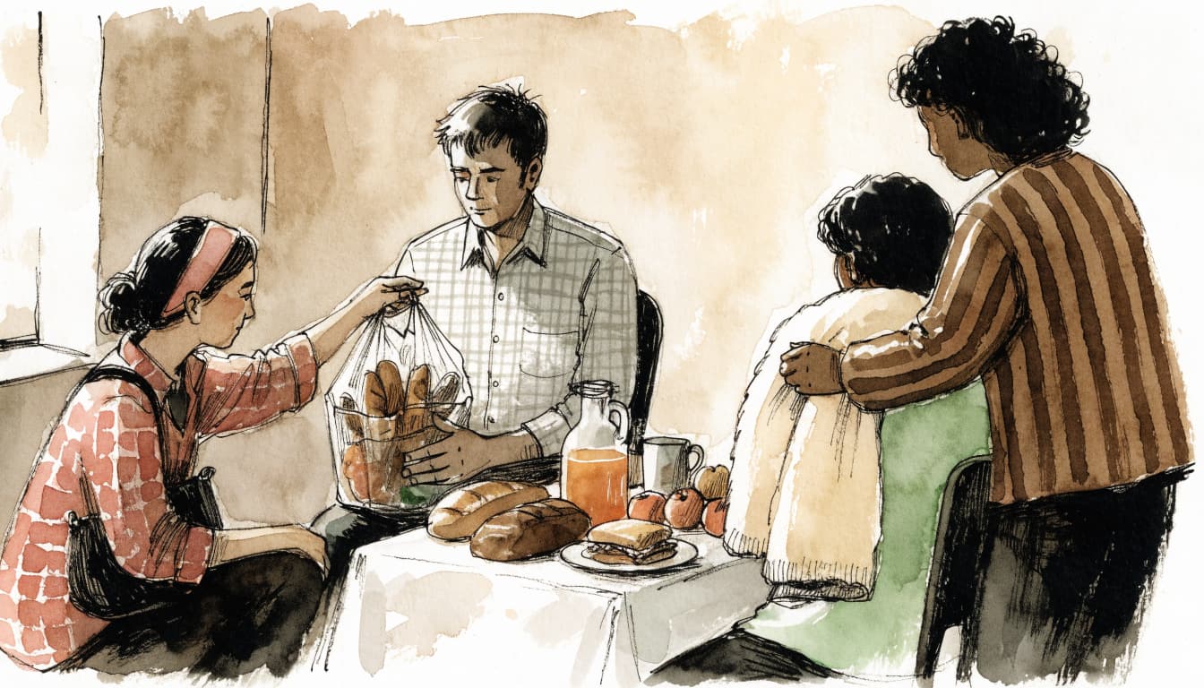 A watercolor illustration of volunteers helping people with food and blankets.