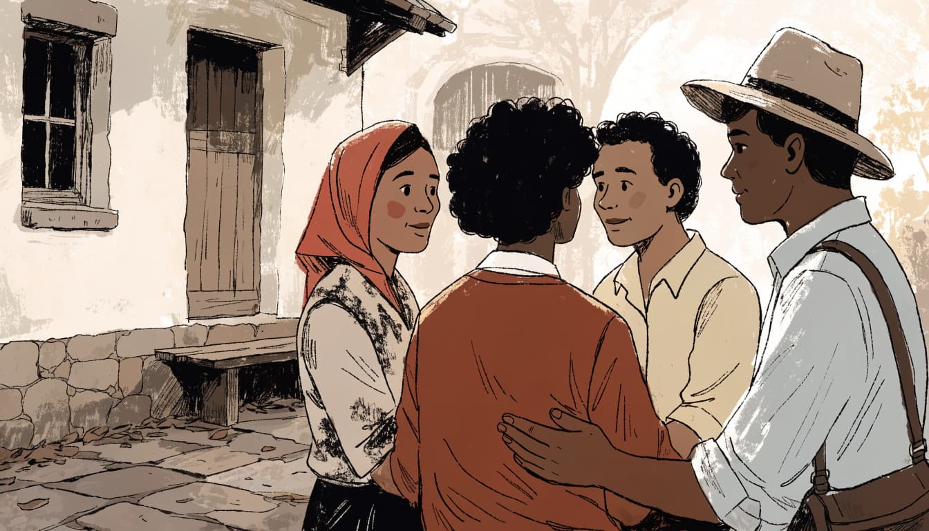 An illustration of four adults standing together outside a building, offering support.