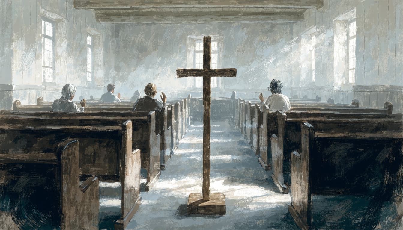 A small congregation sits in church pews facing a wooden cross at the front.