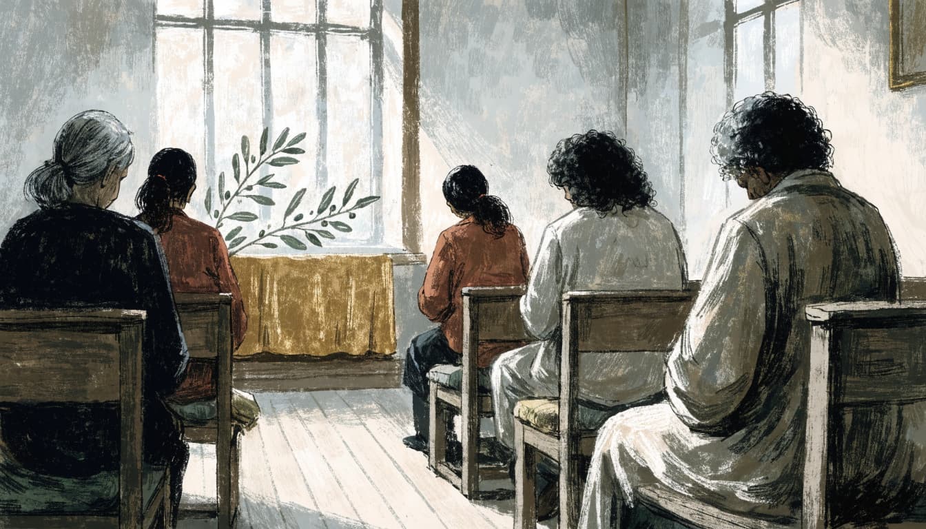 An editorial illustration of five people seated on wooden pews facing a sunlit window.