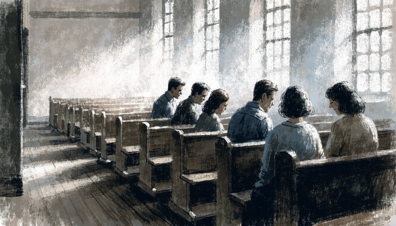 A group of six adults seated in wooden pews inside a church sanctuary during daylight.