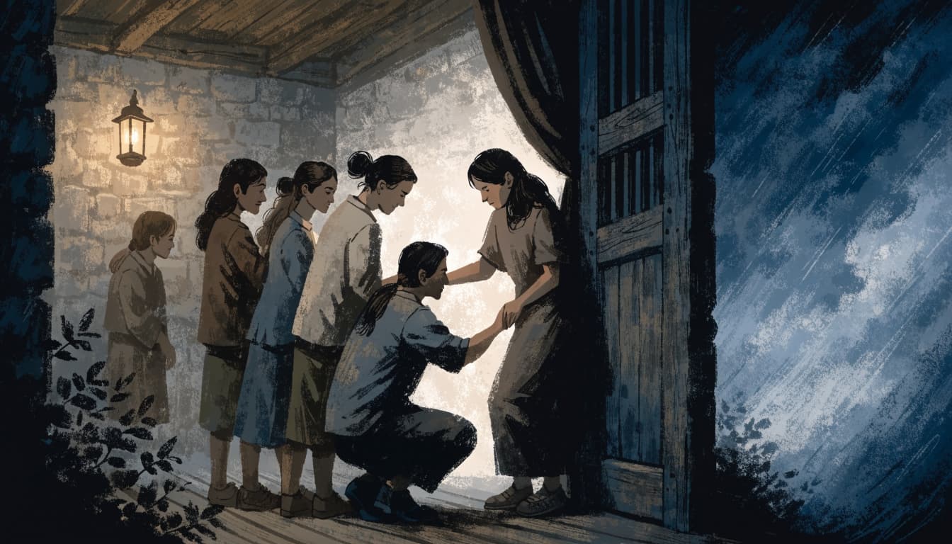 An illustration of five people gathered inside a doorway with a stormy sky outside.