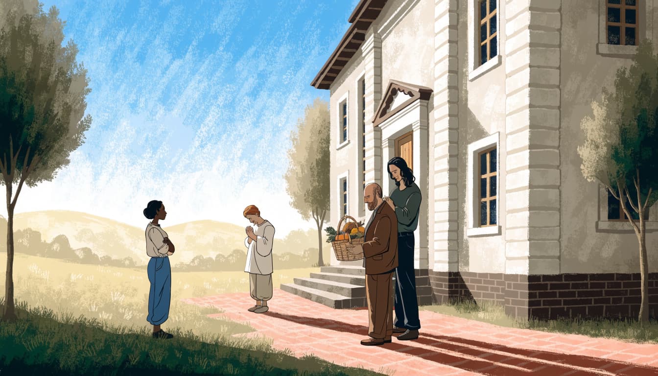 Four adults outside a sunlit church, with one holding a basket of produce.
