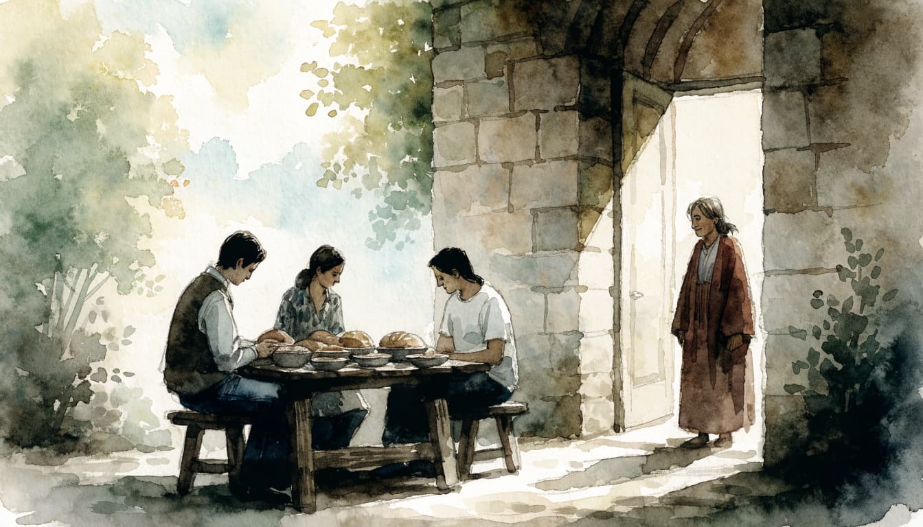 A watercolor illustration of three people at a table preparing bread, with a person standing in a doorway.