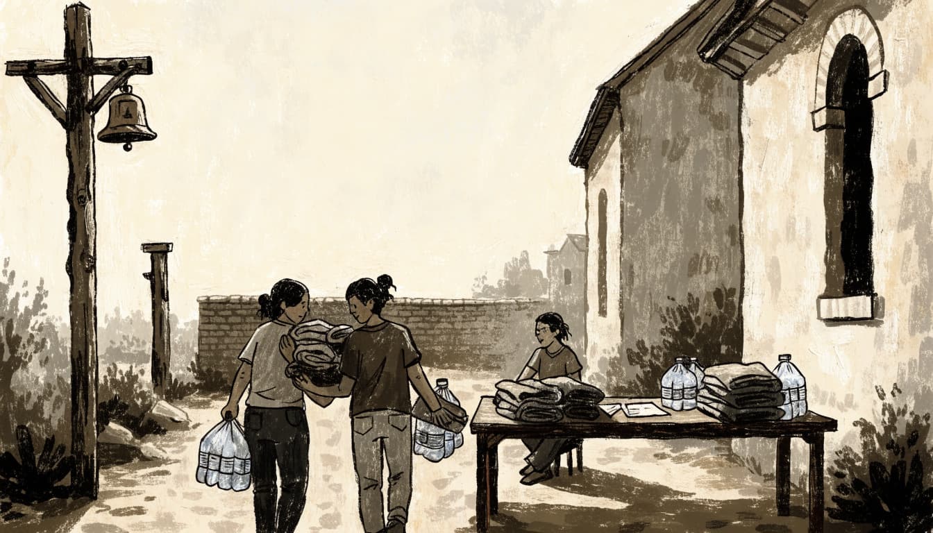 An illustration of three adults offering relief supplies near a church.