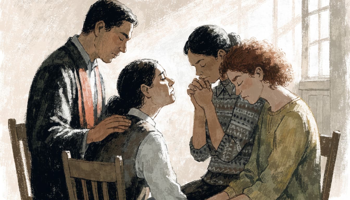 An editorial illustration of four people sitting together in prayer and fellowship.