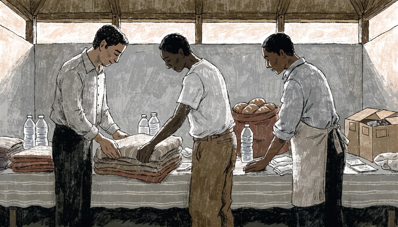 Three volunteers organize blankets and supplies on a table in a community hall.