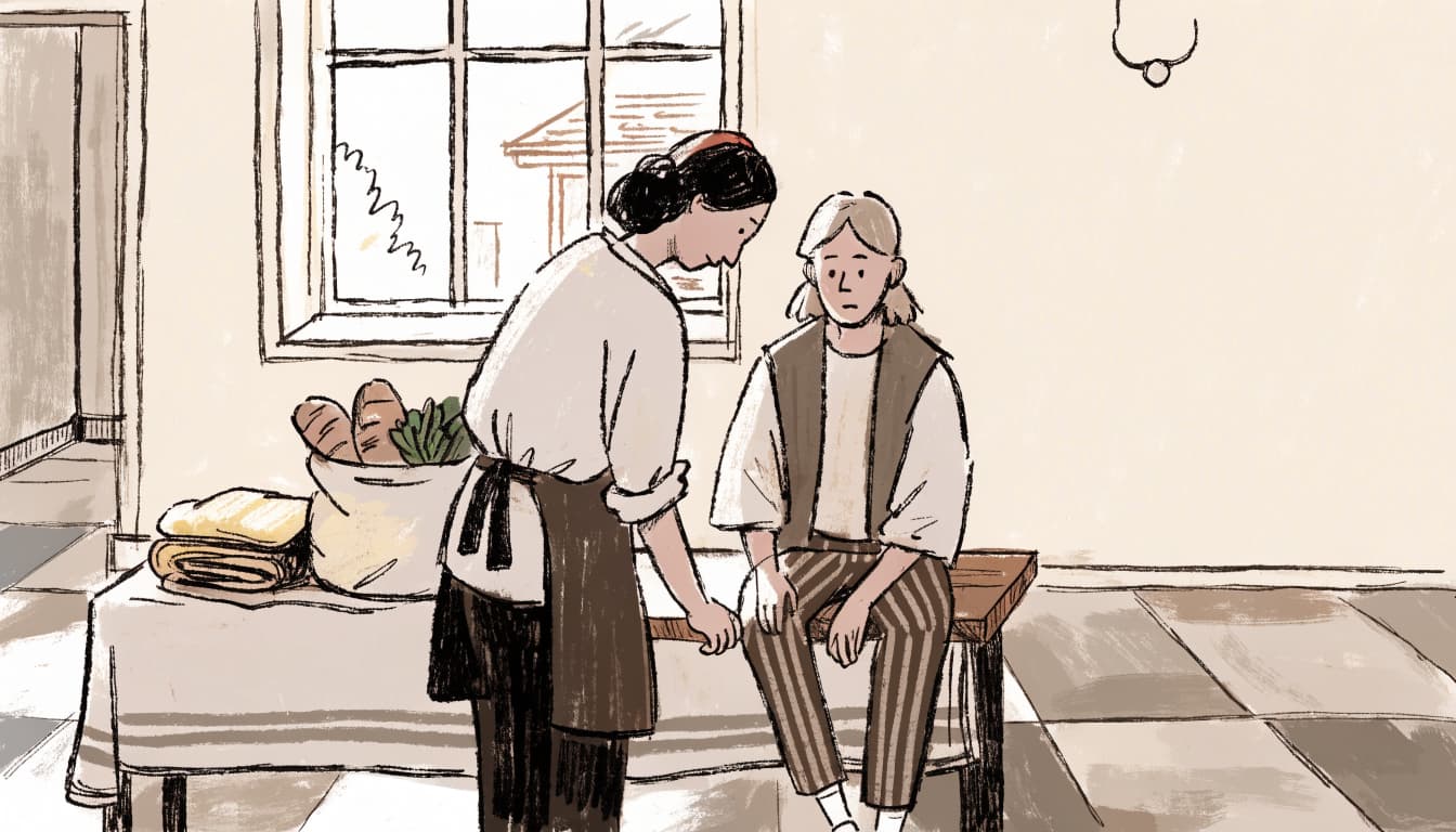 An editorial illustration of two people in a room, with one offering a bag of groceries.