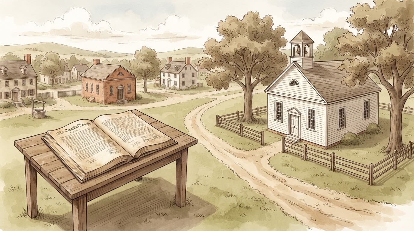 A watercolor illustration of an open document on a table in the foreground and a church in a colonial town.