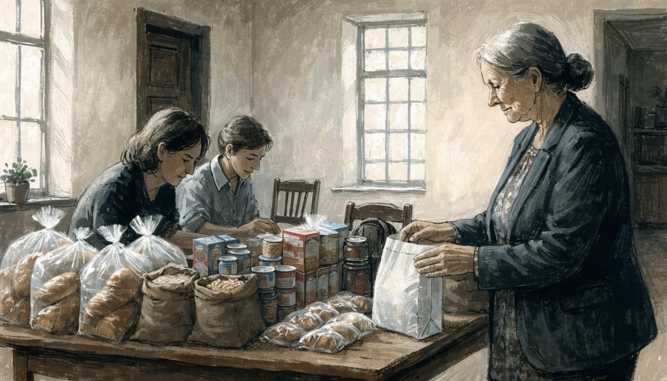 Three volunteers prepare food parcels with supplies on a table in a simple hall.