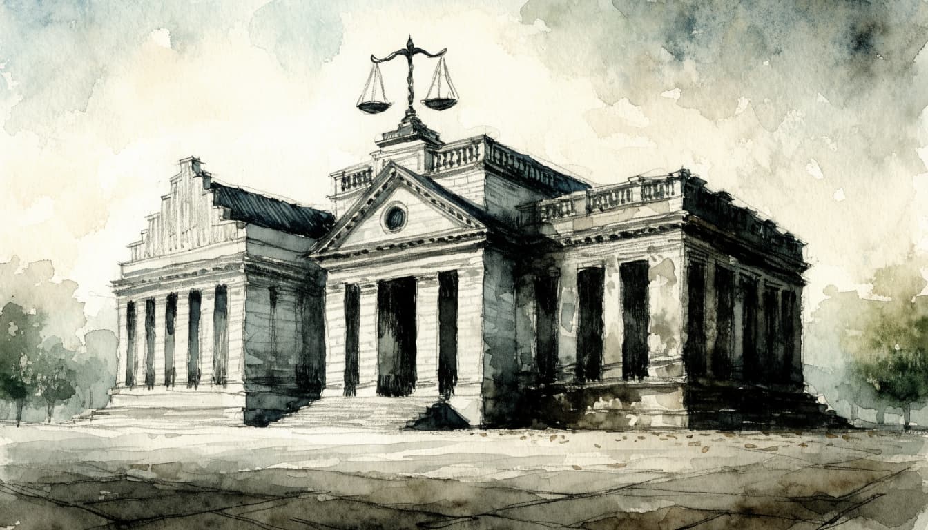 Watercolor illustration of a courthouse with scales of justice on top.