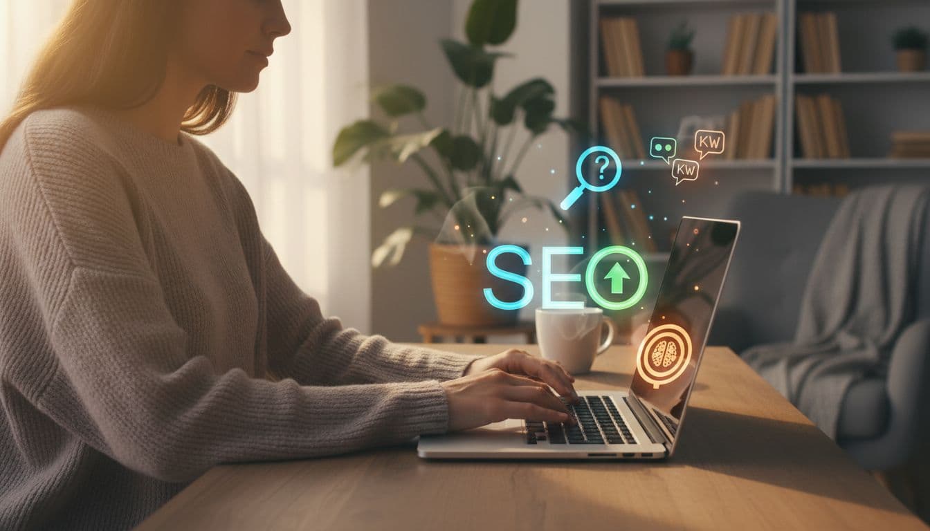 A content writer typing on a laptop in a cozy home office with floating SEO keyword icons nearby, warm lighting, realistic photo style, hands relaxed on keyboard.