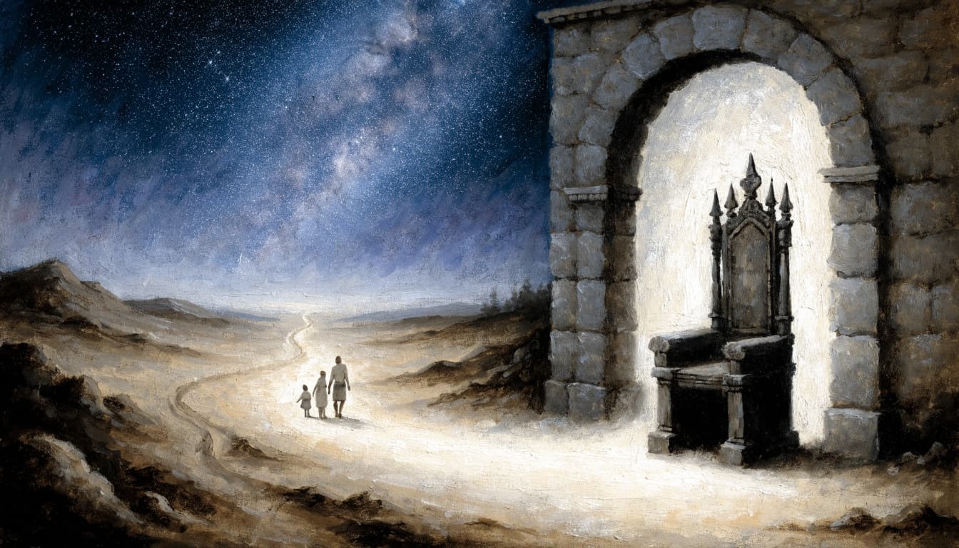 A family walks on a path towards an empty throne under a star-filled sky.