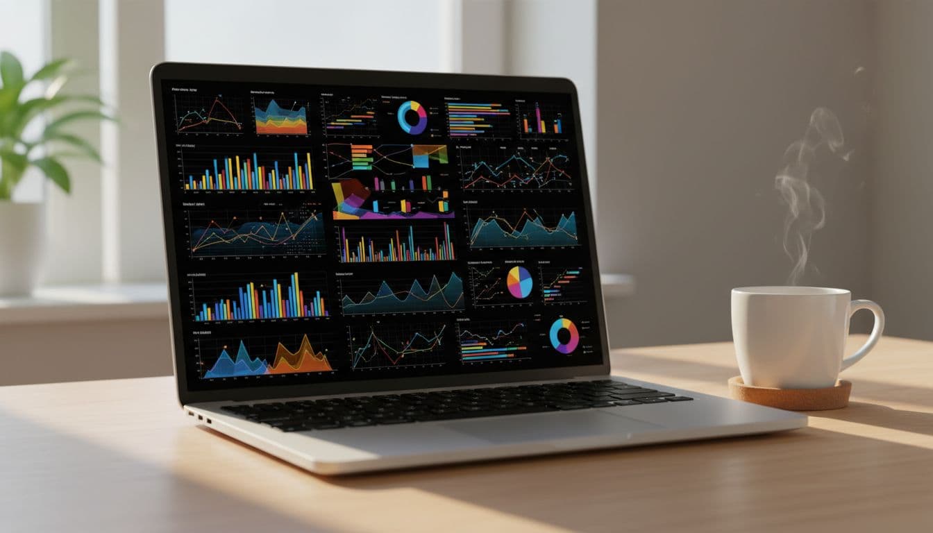 Close-up of a laptop screen in a quiet home office displaying colorful abstract graphs and charts of website crawl data, centered on a wooden desk with a nearby coffee mug and natural daylight from a window.