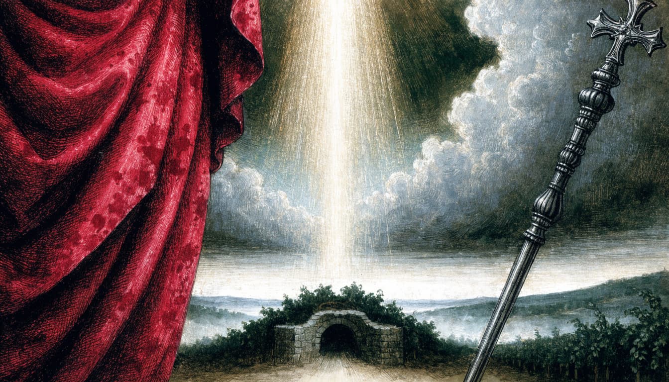 A crimson-stained robe, an ancient iron scepter, and a bright light over a distant stone structure.