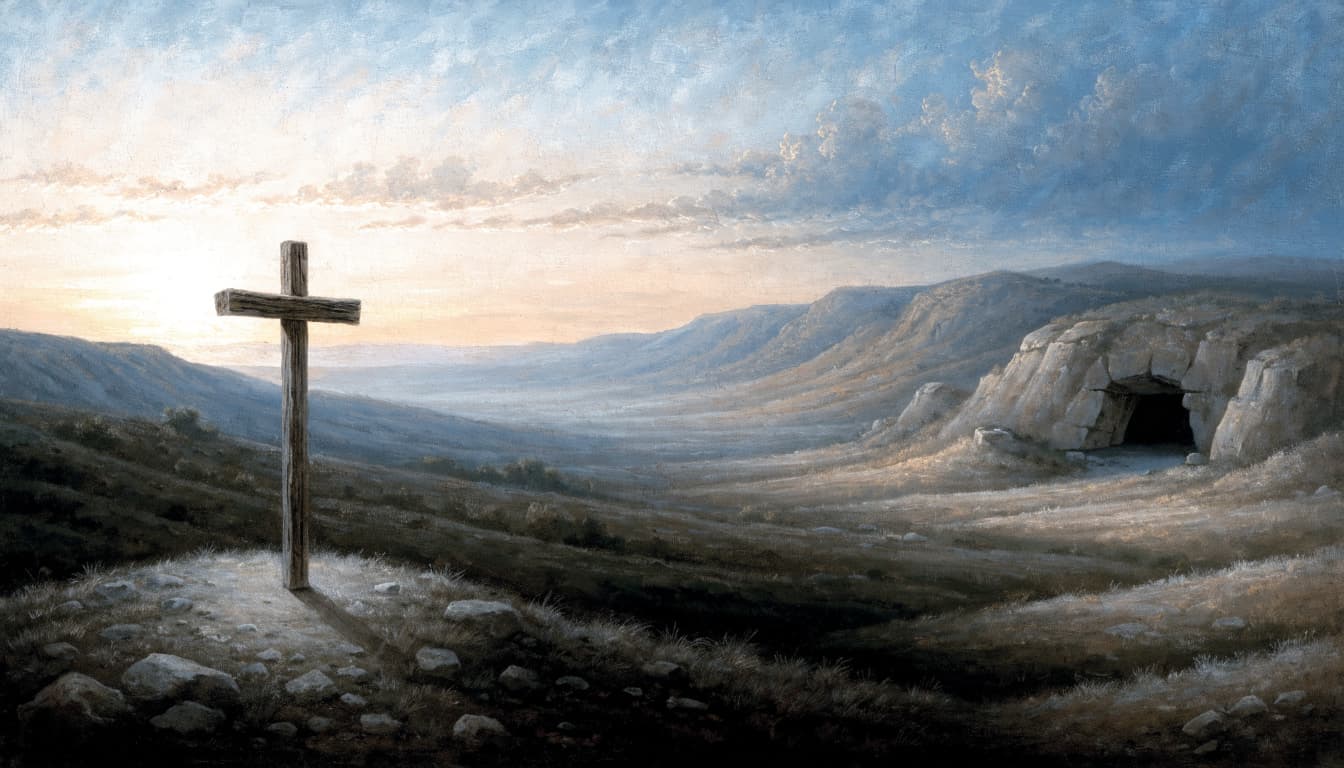 A simple wooden cross stands on a rocky hill at dawn, overlooking a valley with an empty tomb.