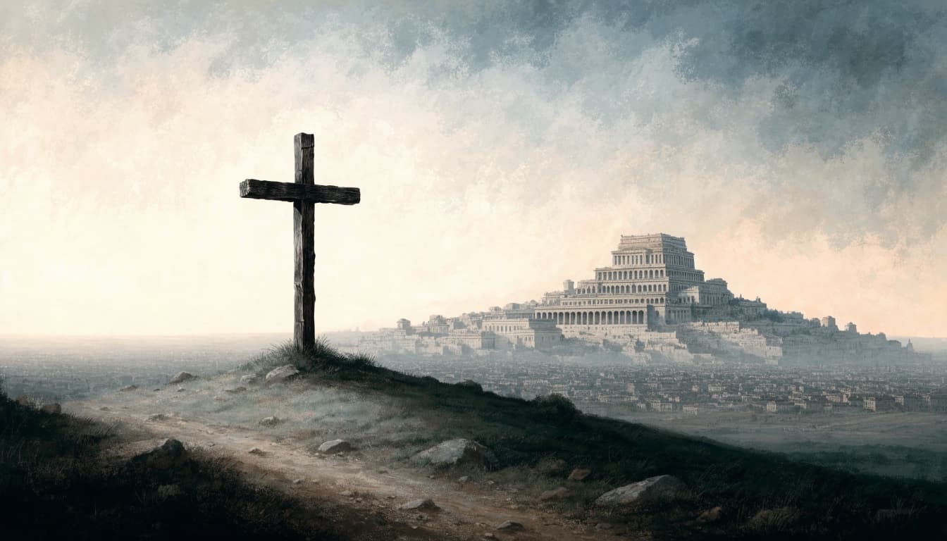 A solitary wooden cross on a grassy hill overlooking an ancient city at dusk.