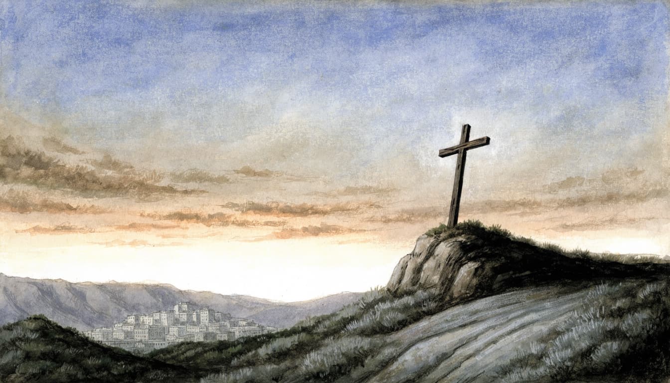 A watercolor painting of an empty wooden cross on a rocky hill at dusk with a city in the distance.