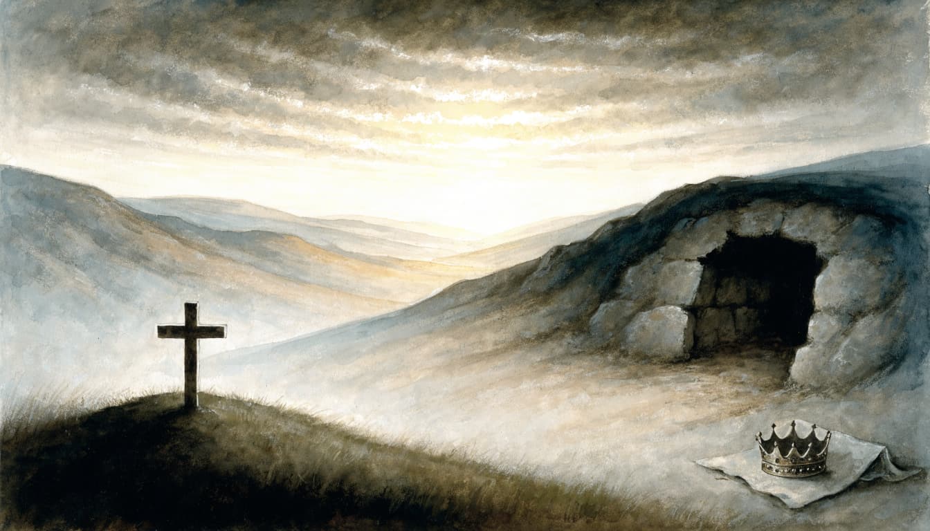 A watercolor landscape showing a cross on a hill, an empty tomb, and a crown on a cloth at dawn.