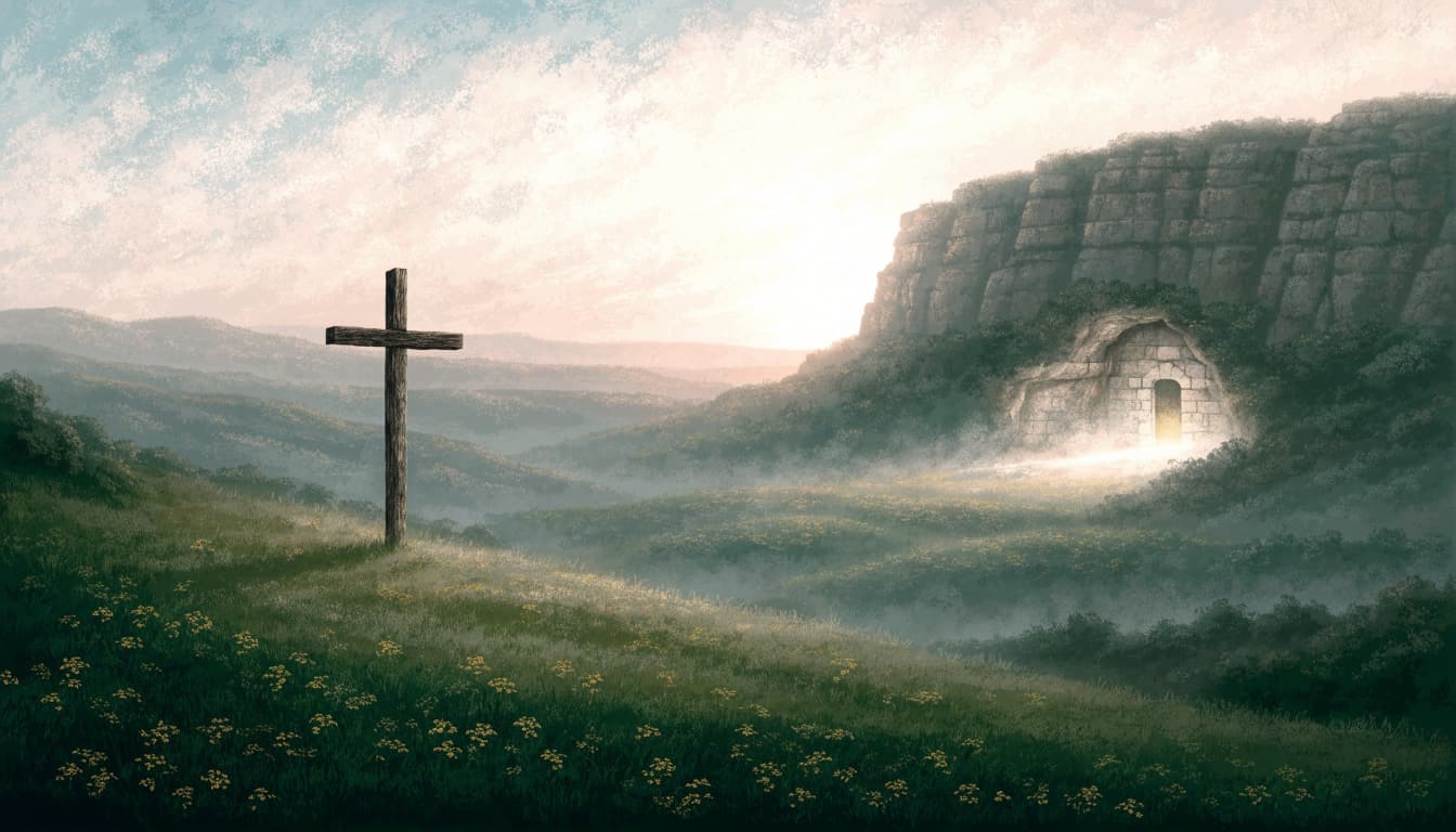A wooden cross on a hill and an open tomb glowing with light at dawn.