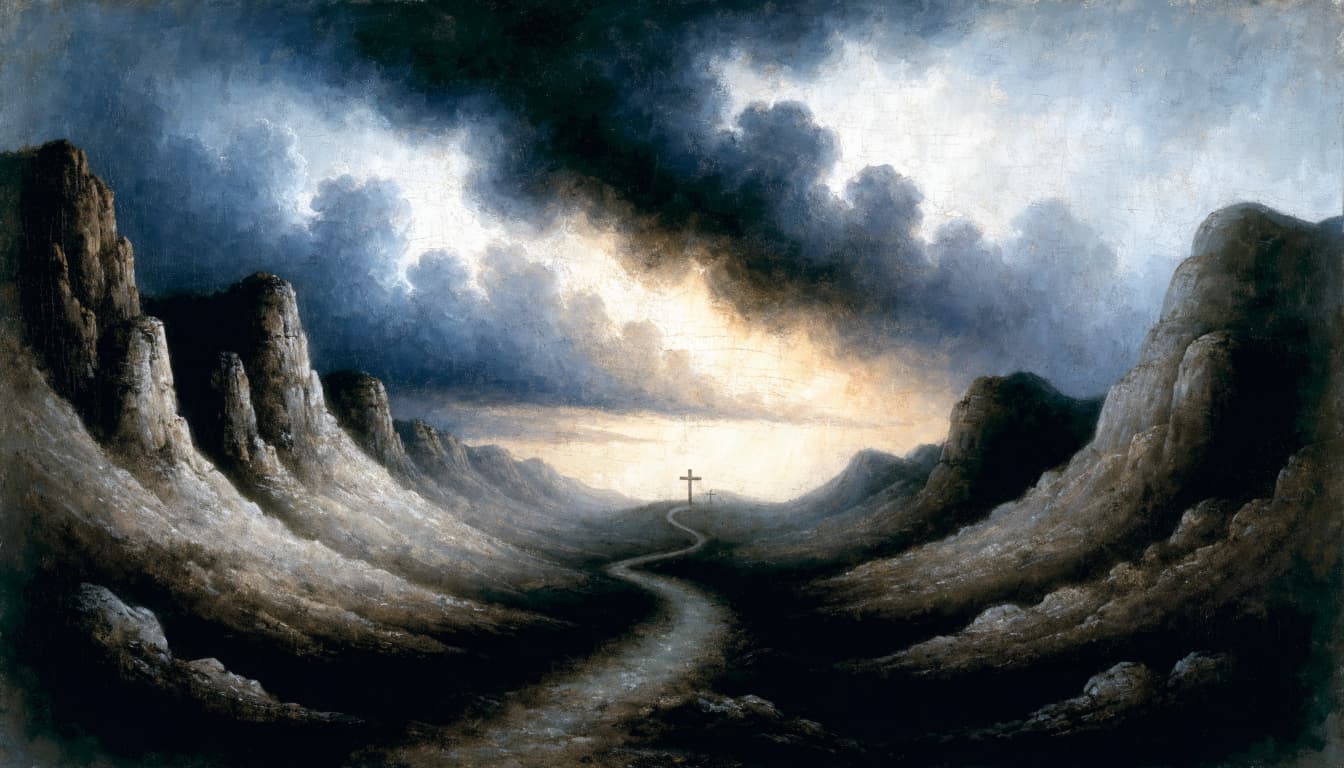 A painterly landscape of a winding path through a dark valley toward a distant cross and sunrise.