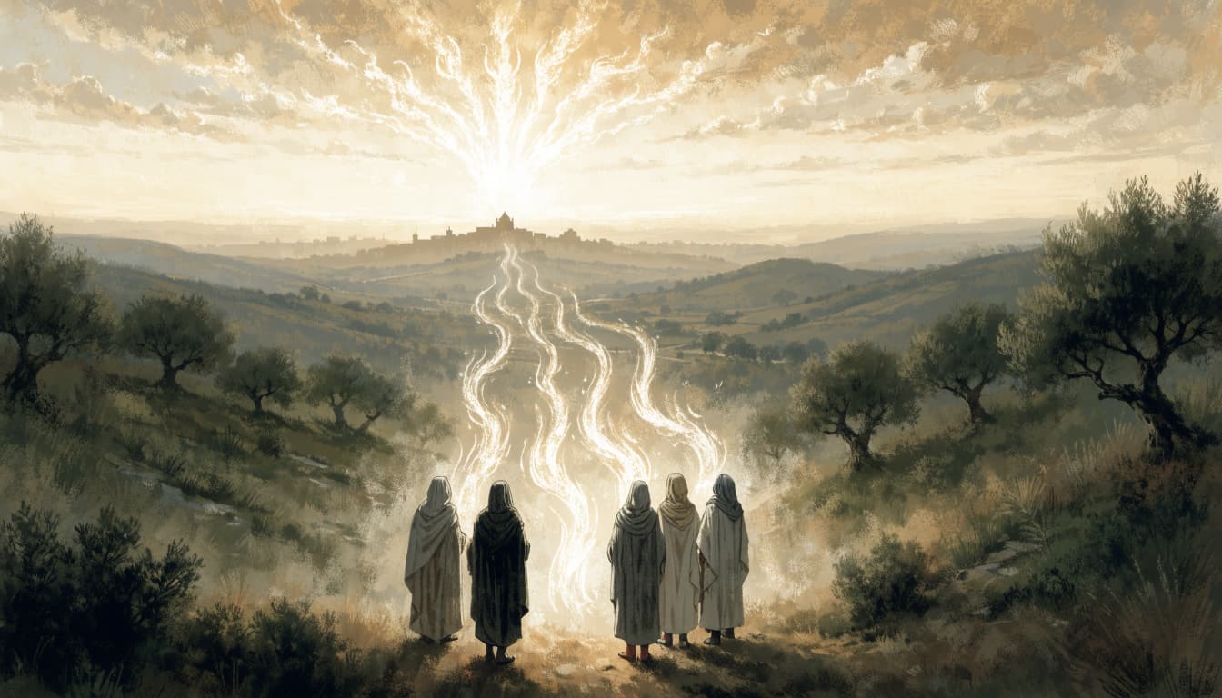A painterly illustration of five figures in robes looking out over a landscape toward a distant city at dawn.