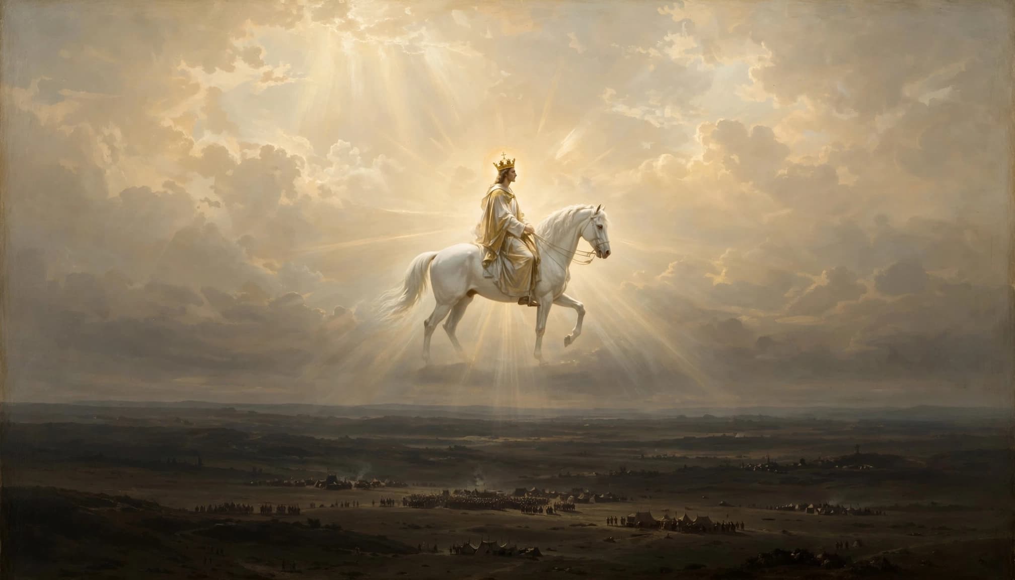 A crowned figure rides a white horse through a glowing sky above a distant dark plain.