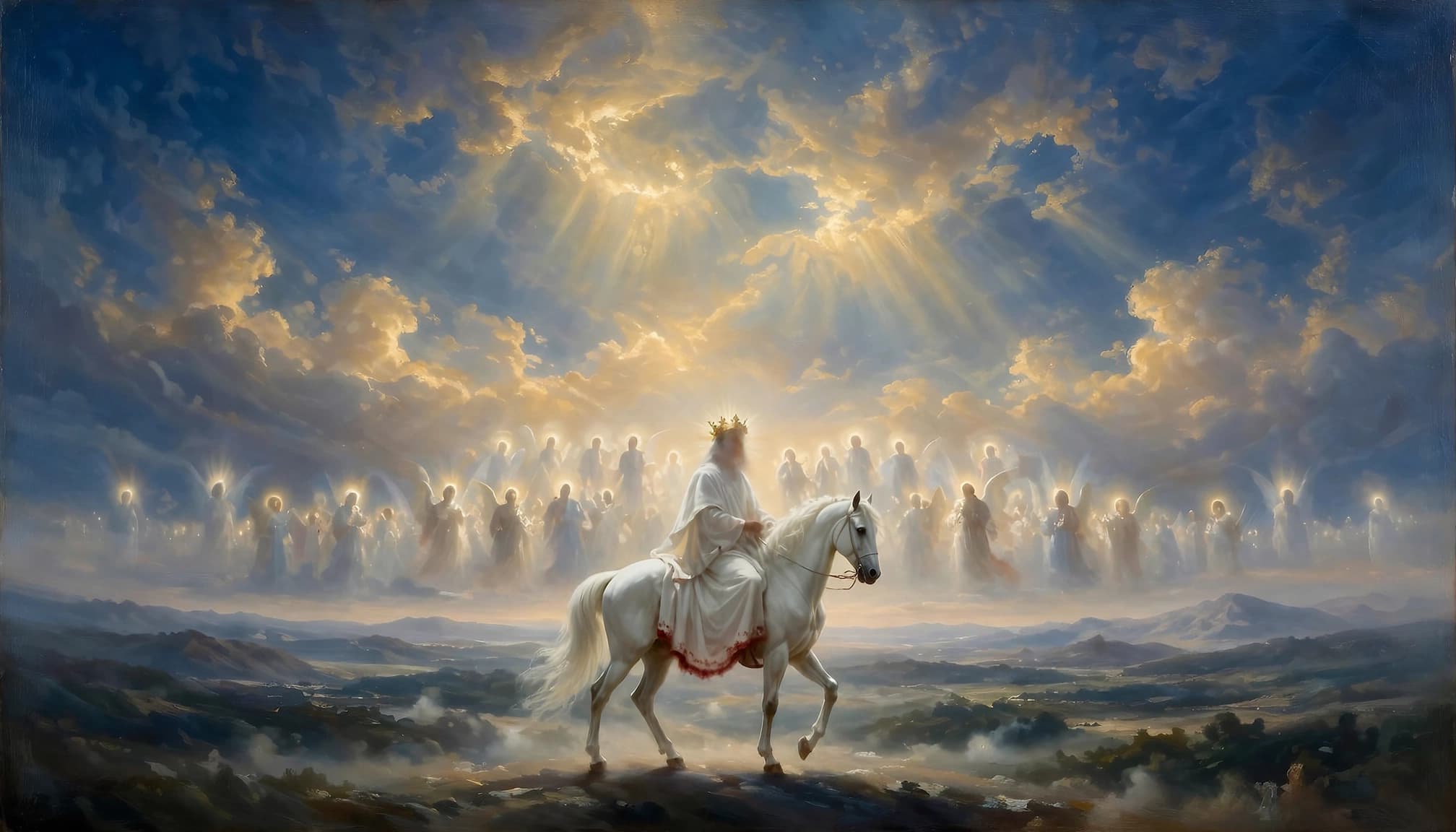 A crowned rider on a white horse surrounded by a host of figures under a glowing sky.