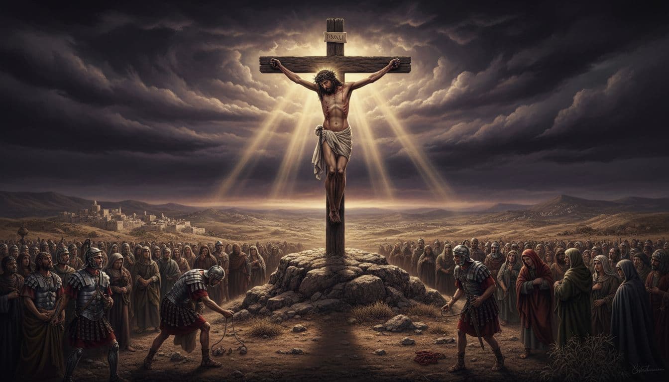 Jesus on the cross under stormy clouds with light breaking through, symbolizing wrath and mercy meeting at Calvary