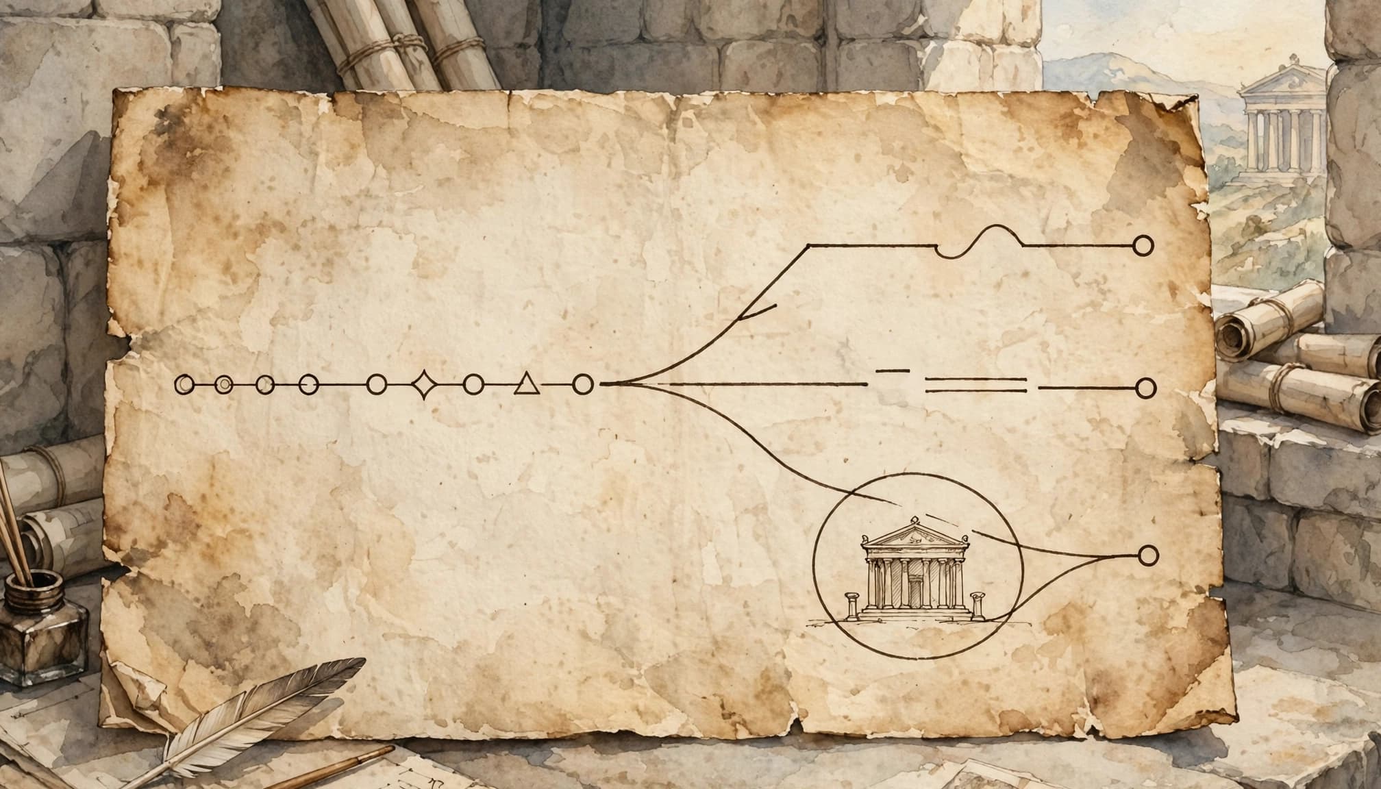 A watercolor illustration of an ancient parchment showing three branching timeline paths with symbols.