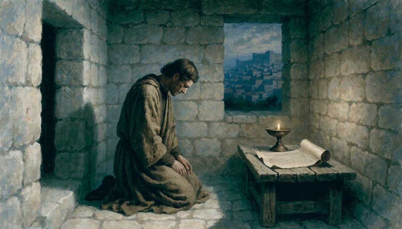 A man in modest robes kneels in prayer inside a stone room with a lit oil lamp and scroll on a low table.
