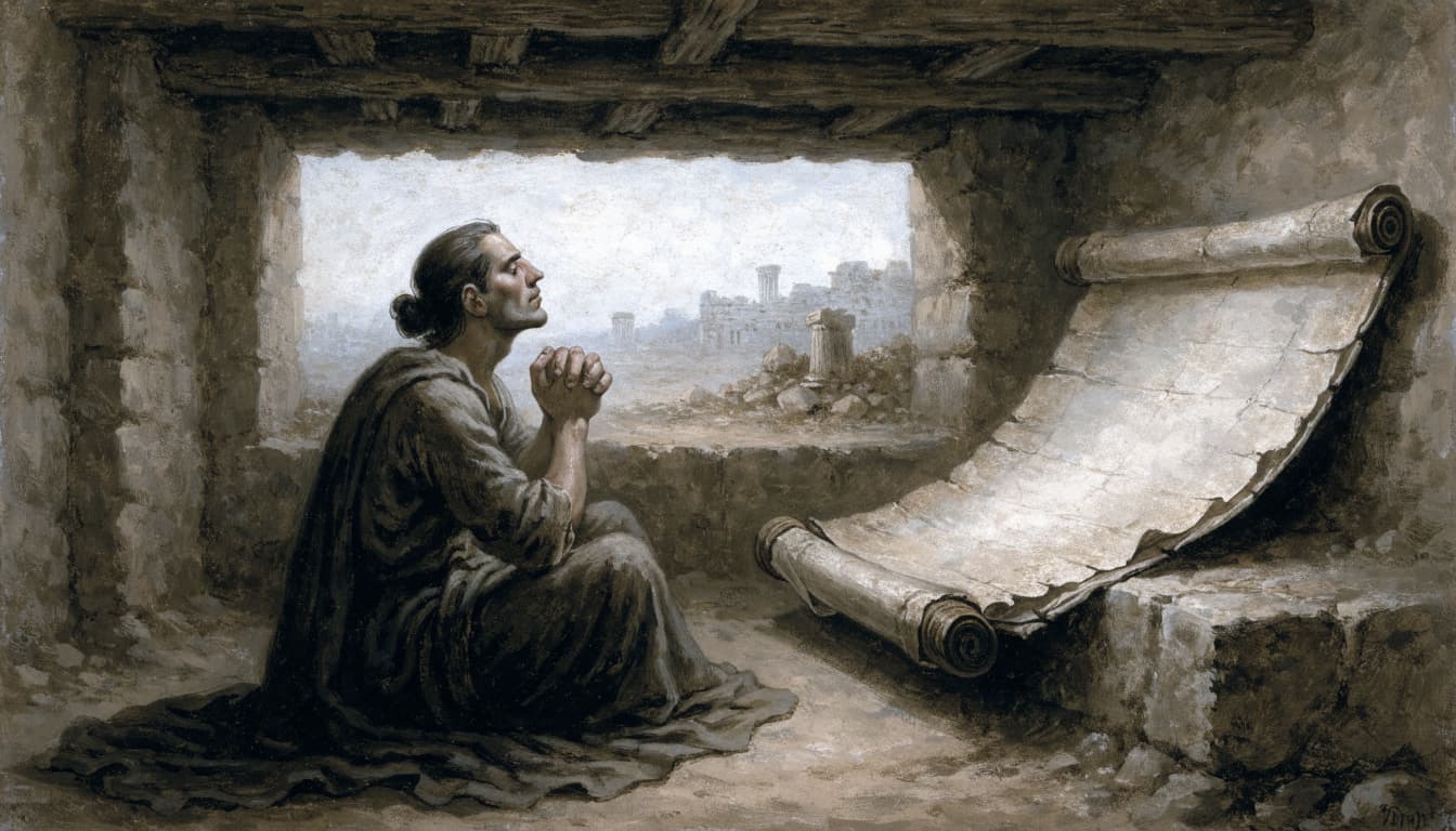 A man kneels in prayer next to a large open scroll inside a stone room overlooking ruins.
