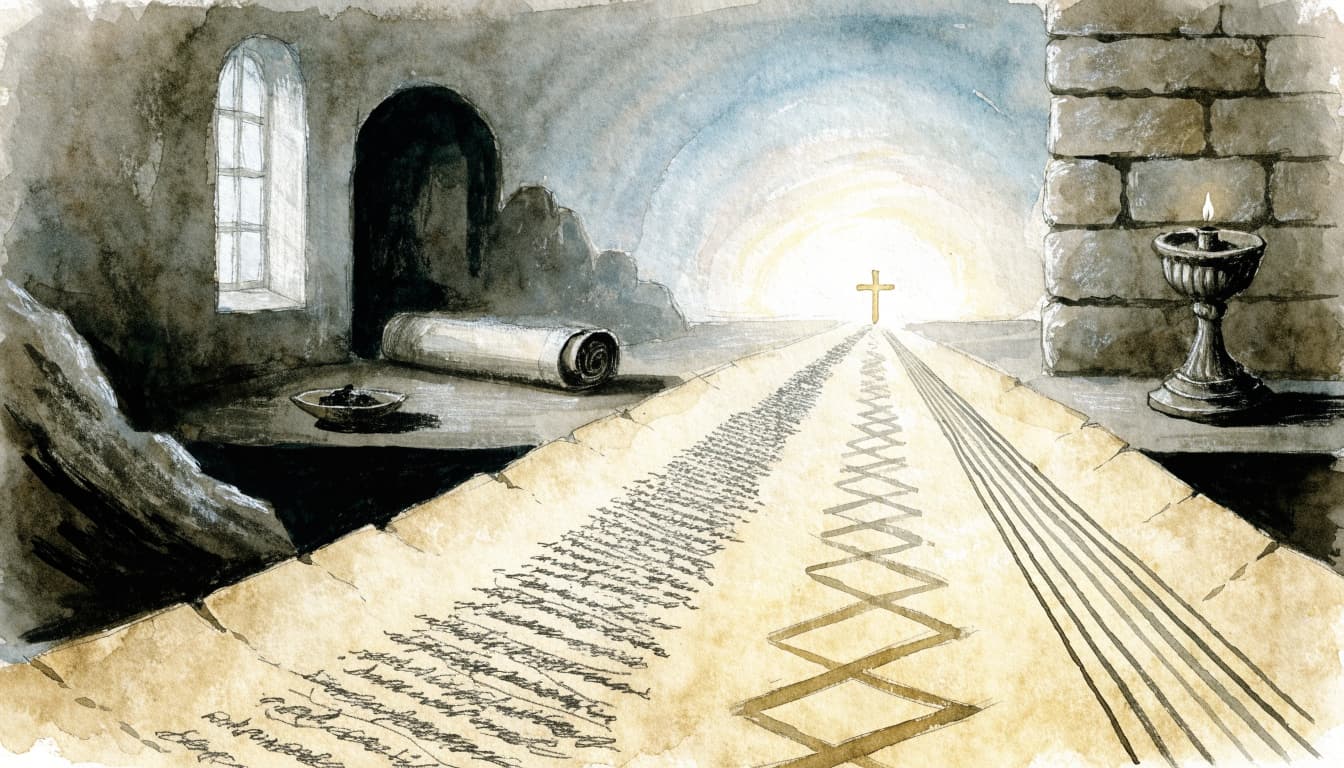 A watercolor illustration of an ancient stone study with a parchment scroll leading toward a distant cross.