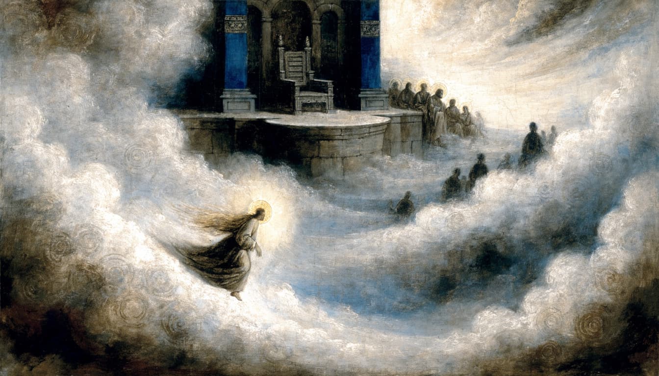 A figure with a glowing halo approaches an ancient throne surrounded by clouds and distant figures.