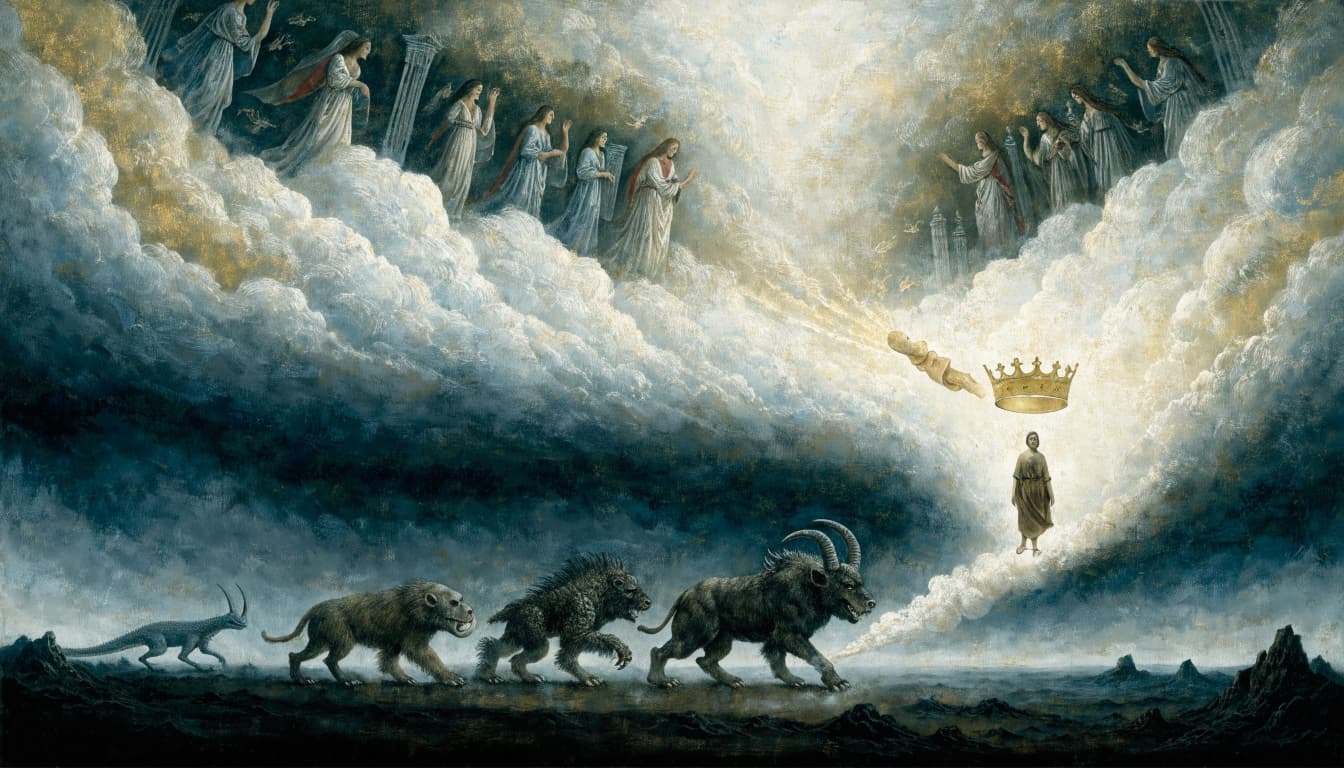A biblical illustration showing monstrous beasts on the ground and figures in luminous clouds above.