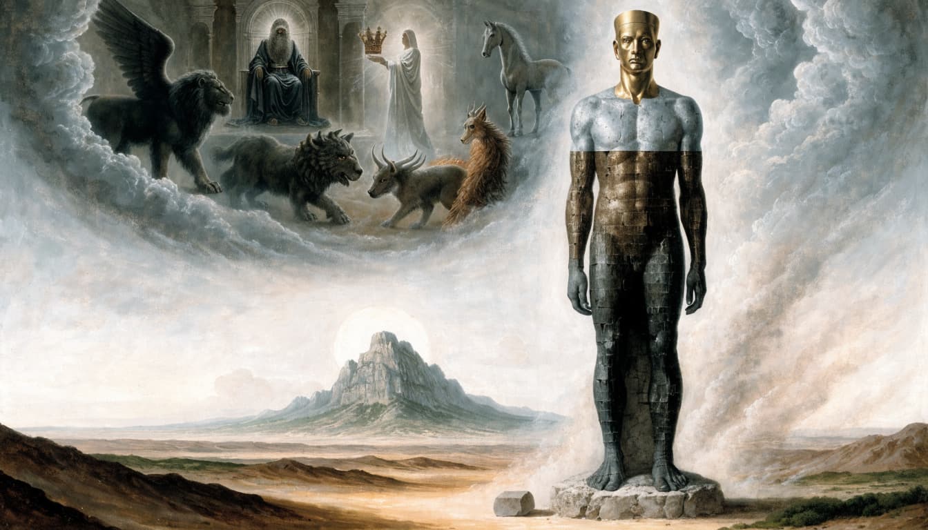 A biblical illustration of Daniel's visions with a large statue, beasts in clouds, and a mountain.