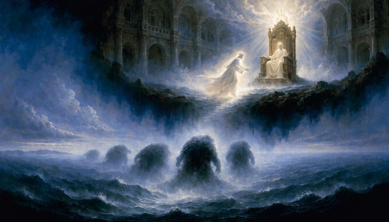 A luminous figure approaches a majestic throne court above turbulent seas and shadowy beast forms.