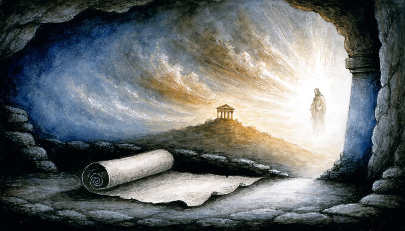 A watercolor showing a scroll in a stone cave with a temple and a luminous figure in the distance.
