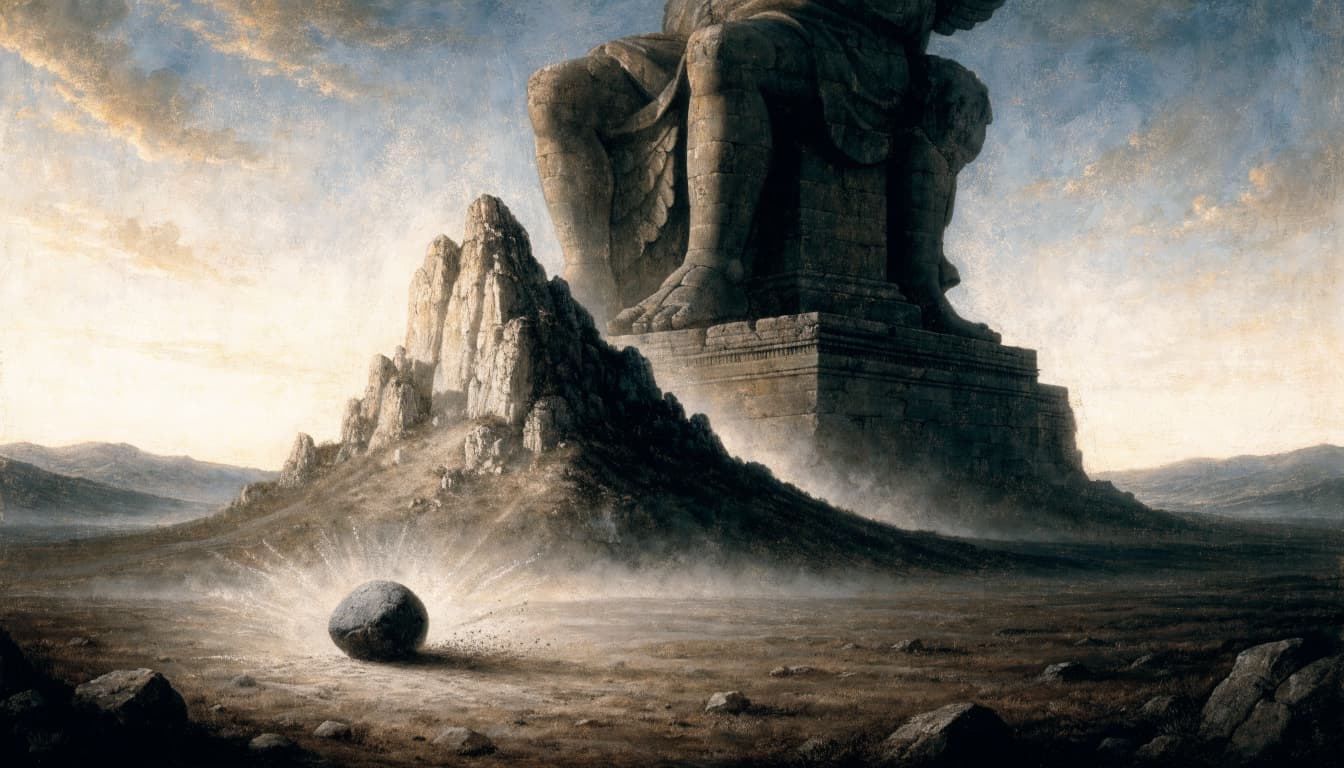 A large stone rests before a rocky hill, with a monumental statue towering in the background.