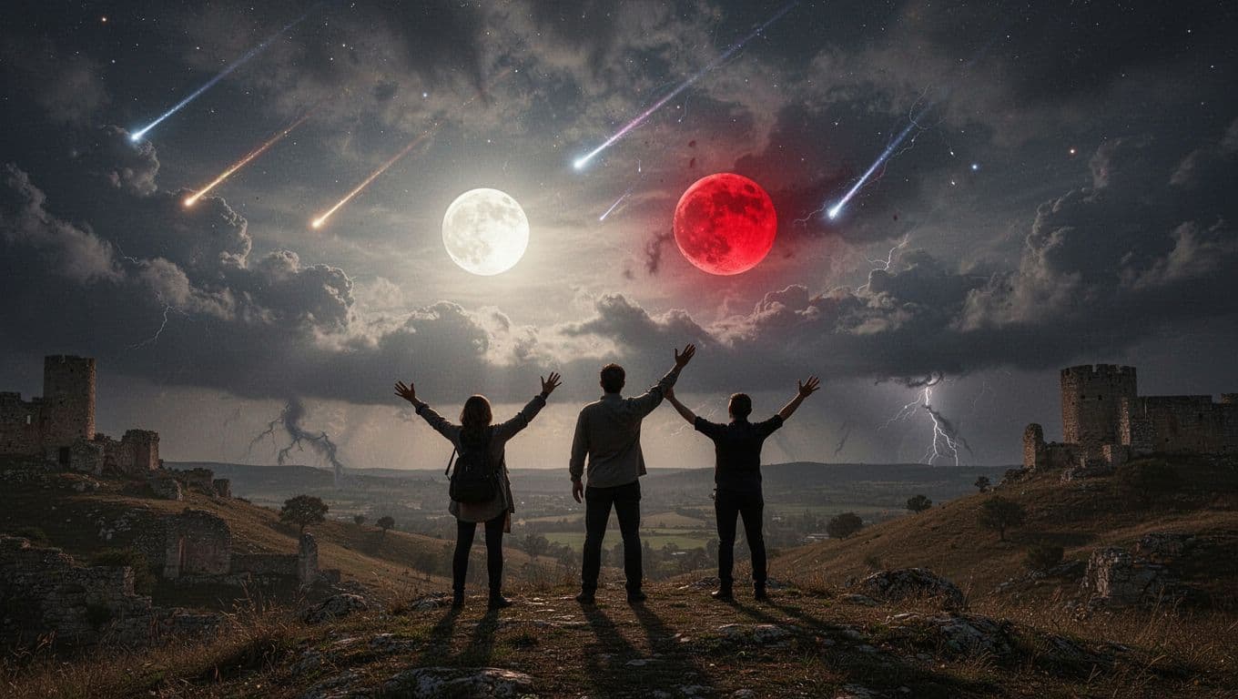 Darkened sun and blood moon over stormy earth with falling shooting stars; three silhouetted people raise arms on ancient hillside.