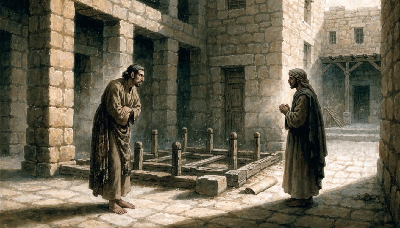 Two robed men converse in a stone courtyard with timber structures.