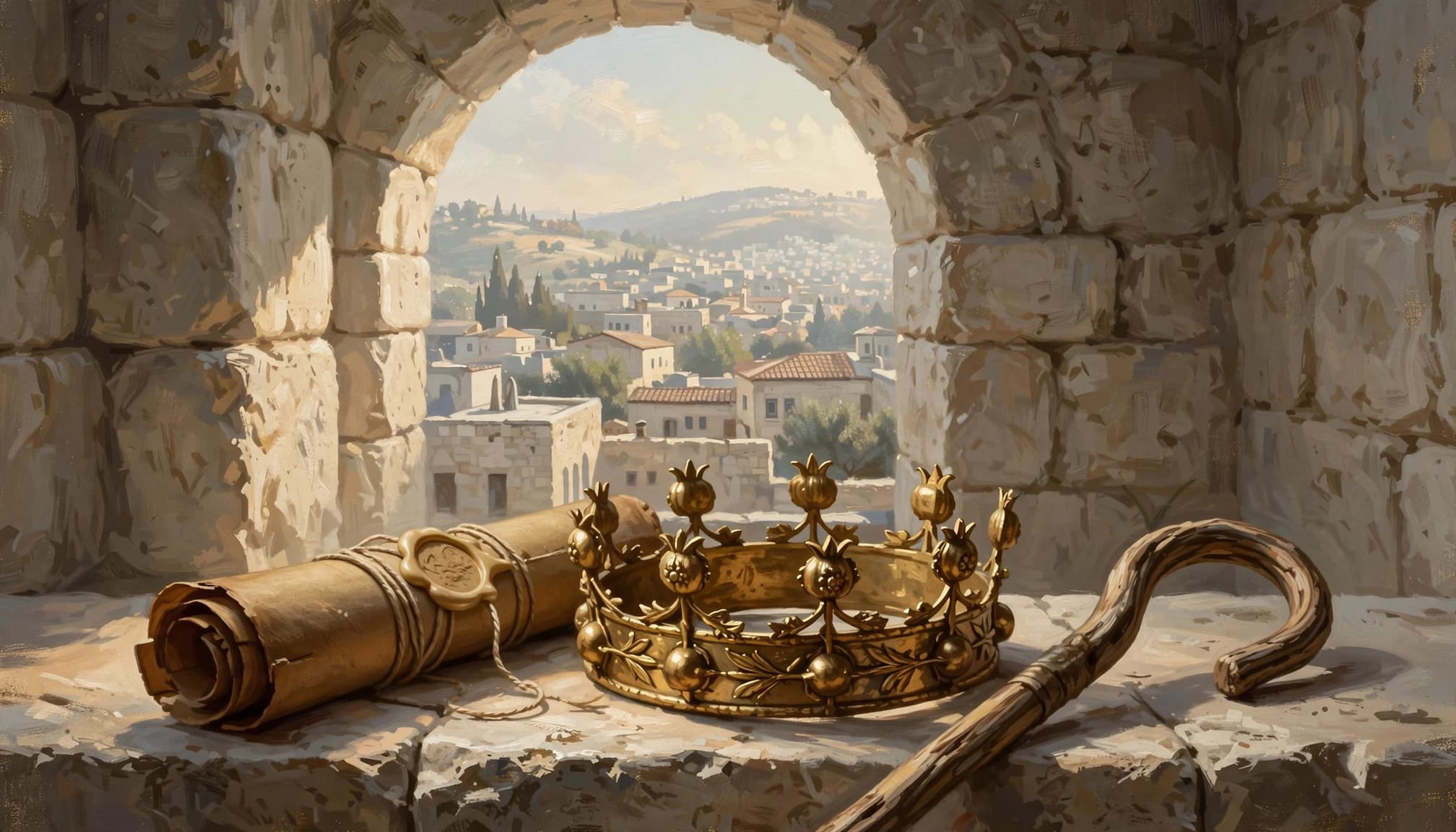 A golden crown, a sealed scroll, and a shepherd's staff rest on a stone ledge overlooking a city.