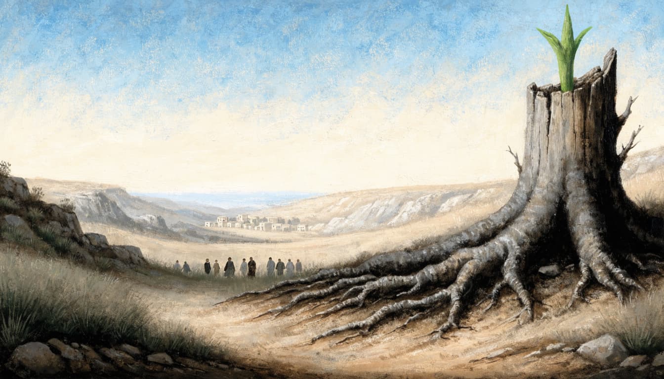 A hand-painted biblical illustration of a green shoot growing from an ancient tree stump on a hillside.