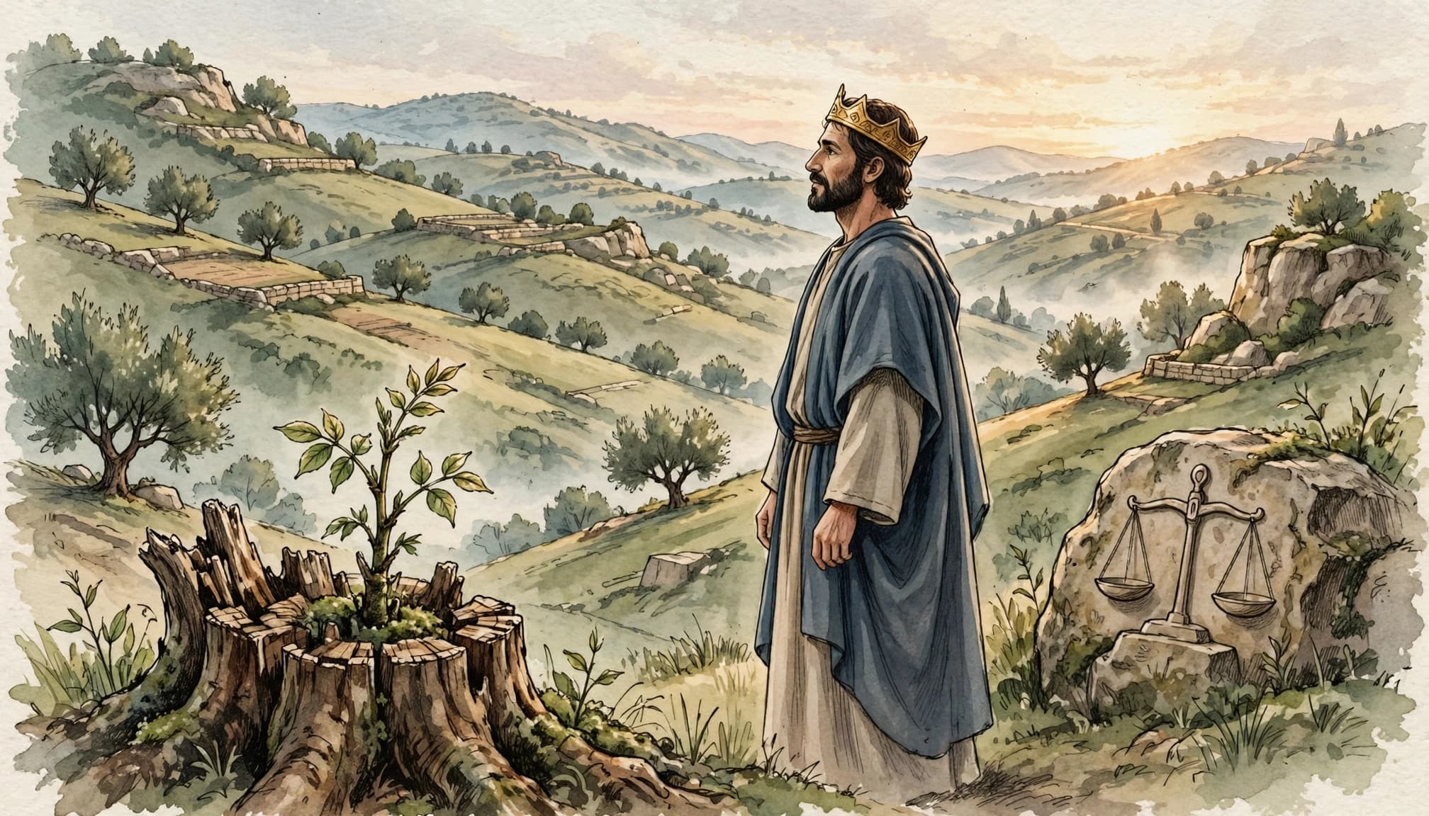 A crowned king stands in a landscape beside a tree stump with a green shoot and a stone with carved scales.