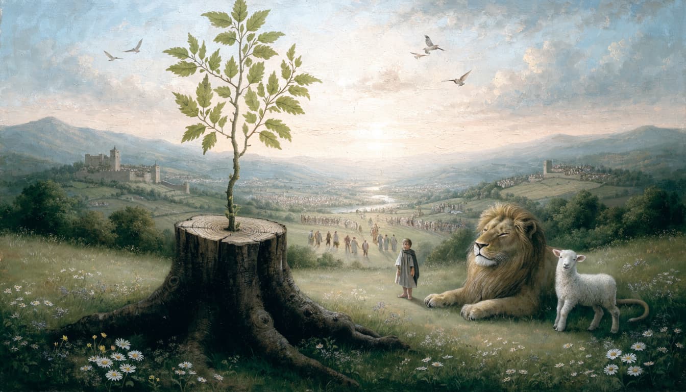A tree stump with a green shoot, a child, a lion, and a lamb in a landscape.
